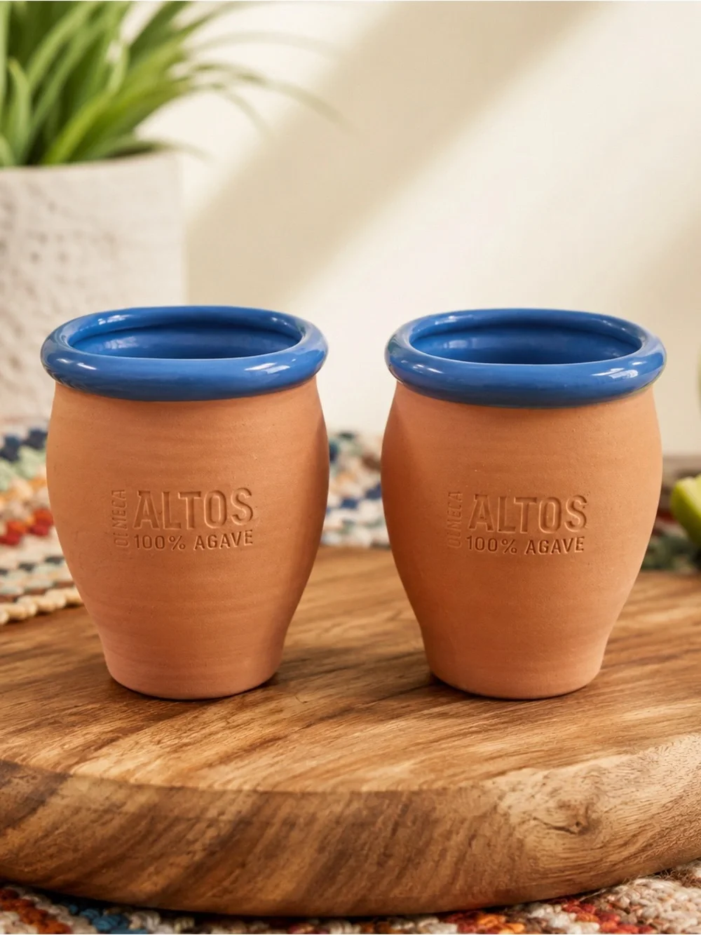 Altos 100% Agave Terracotta Tequila Shot Glasses Set of 2 Blue Rim Barware